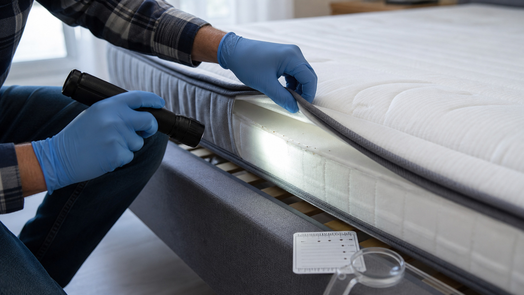 Inspection des coutures d'un matelas avec une lampe pour chercher des punaises de lit