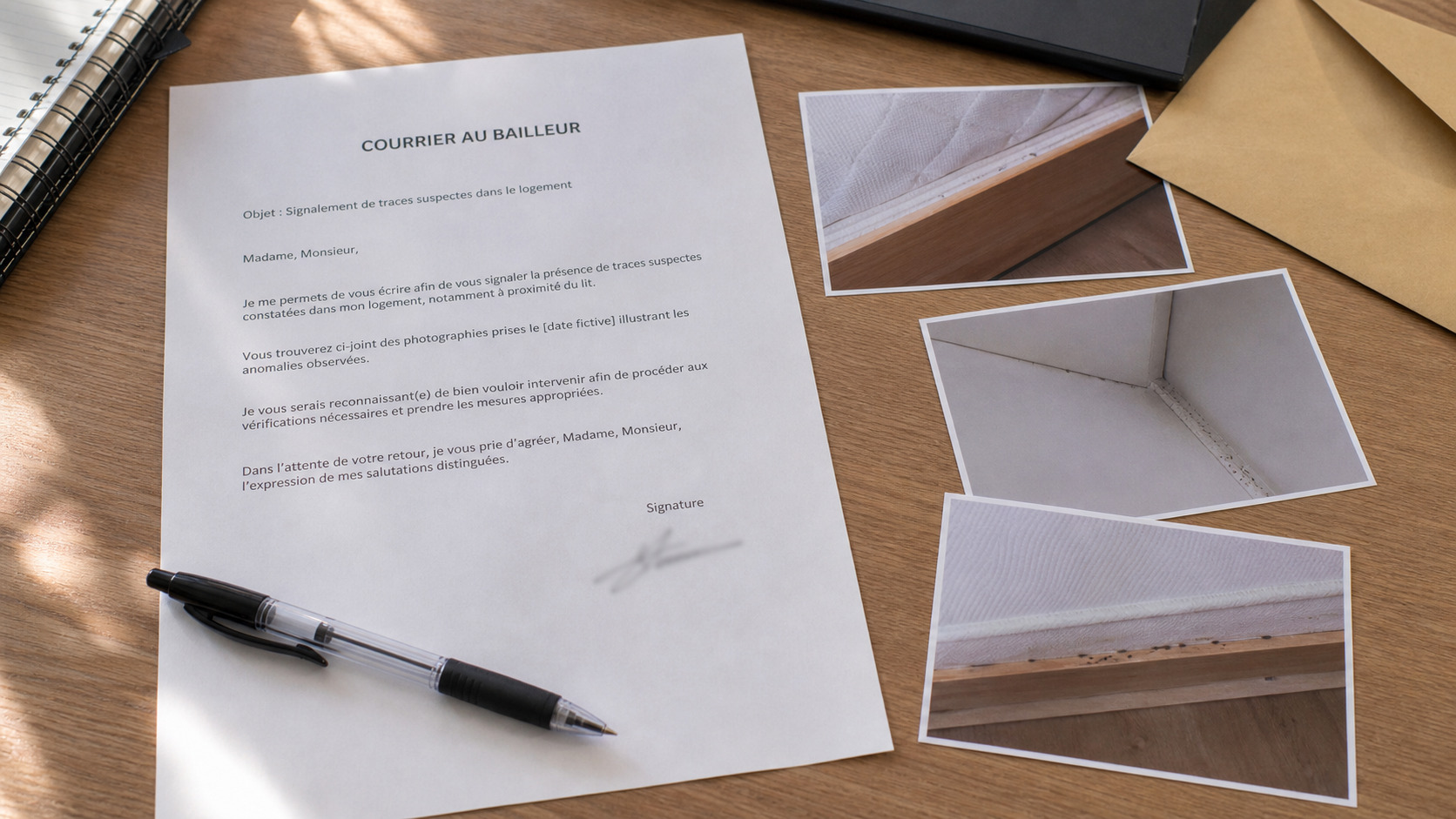 Courrier au bailleur avec photos de traces près d'un lit
